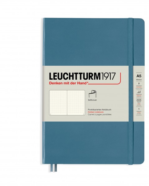 Notizbuch Medium (A5), Softcover, 123 nummerierte Seiten, Stone Blue, dotted