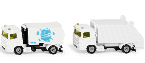 Kommunalset Kehrmaschine und Müllwagen
