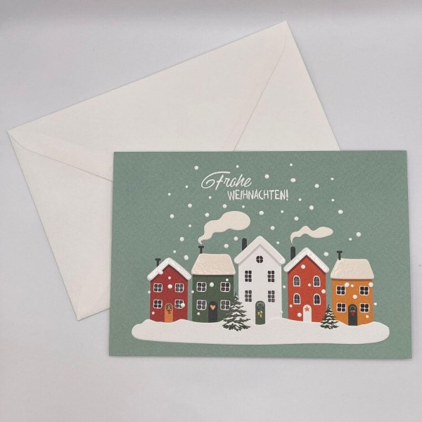 Grußkarte Frohe Weihnachten! (Häuser) mit Umschlag