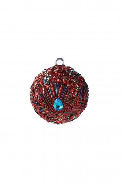 Opium, Weihnachtskugel, 6cm, Pfaumuster, blauer Stein, Pailetten, Perlen, rot