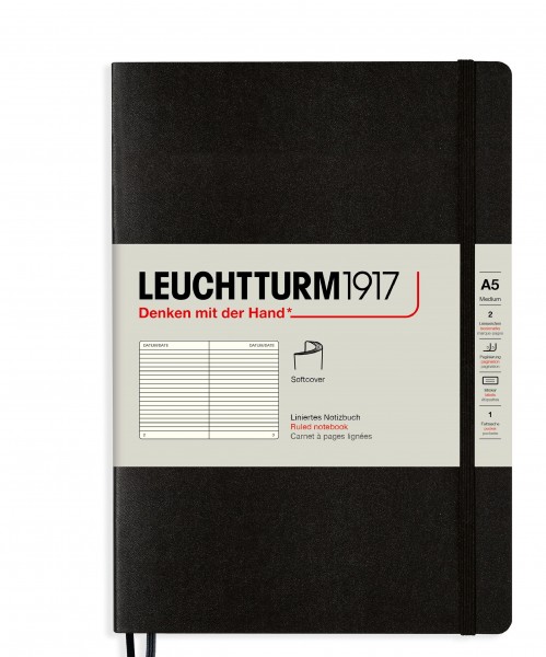 Notizbuch Medium (A5), Softcover, 123 nummerierte Seiten, Schwarz, Liniert