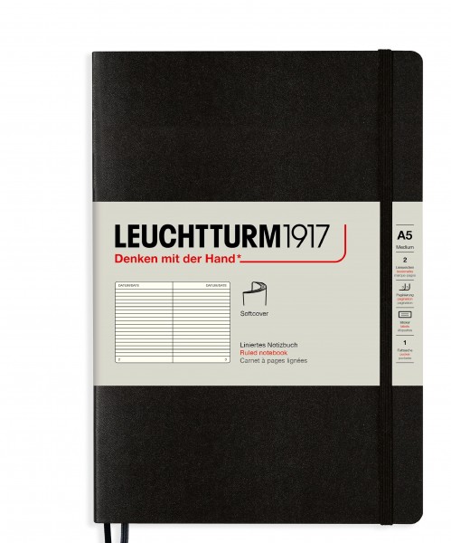Notizbuch Medium (A5), Softcover, 123 nummerierte Seiten, Schwarz, Liniert