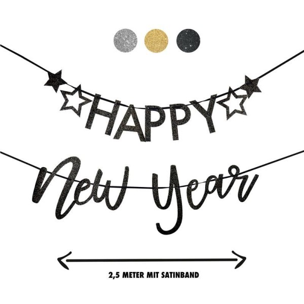 PARTY GLITZER-GIRLANDE "HAPPY NEW YEAR" SCHWARZ