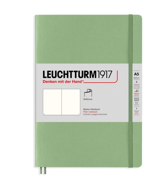 Notizbuch Medium (A5), Softcover, 123 nummerierte Seiten, Salbei, blanko