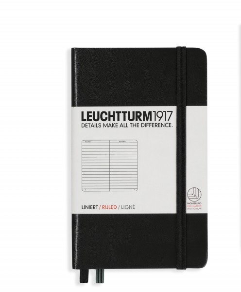 Notizbuch Pocket (A6), Hardcover, 187 nummerierte Seiten, Schwarz, Liniert