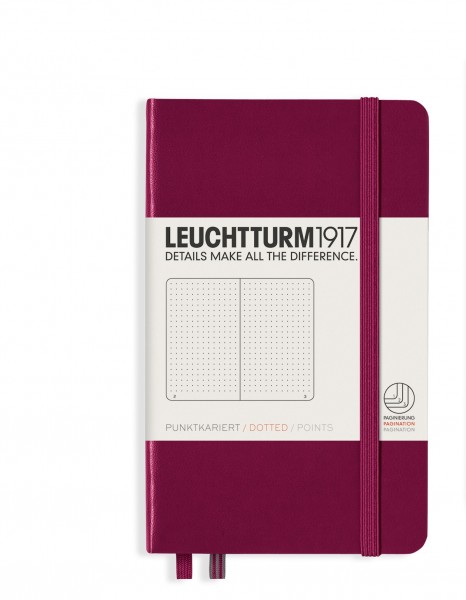 Notizbuch Pocket (A6), Hardcover, 187 nummerierte Seiten, Port Red, dotted