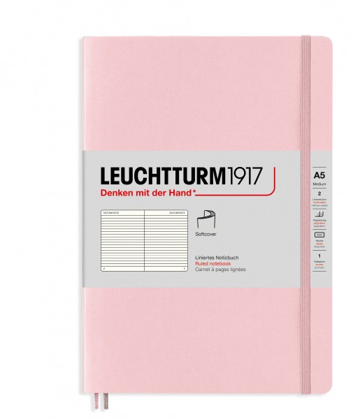 Notizbuch Medium (A5), Softcover, 123 nummerierte Seiten, Puder, Liniert