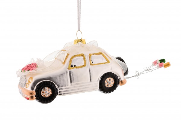 Hänger Hochzeitsauto m. Blechdosen, weiß
