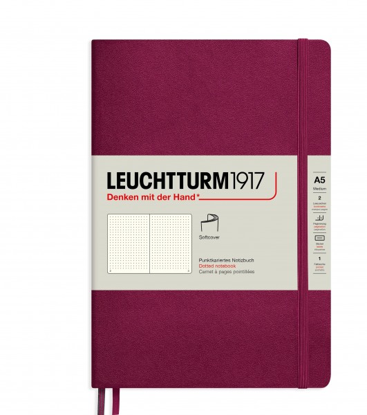 Notizbuch Medium (A5), Softcover, 123 nummerierte Seiten, Port Red, Dotted