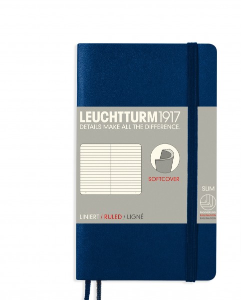 Notizbuch Pocket (A6), Softcover, 123 nummerierte Seiten, Marine, Liniert