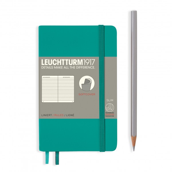 Notizbuch Pocket (A6), Softcover, 123 nummerierte Seiten, Smaragd, Liniert