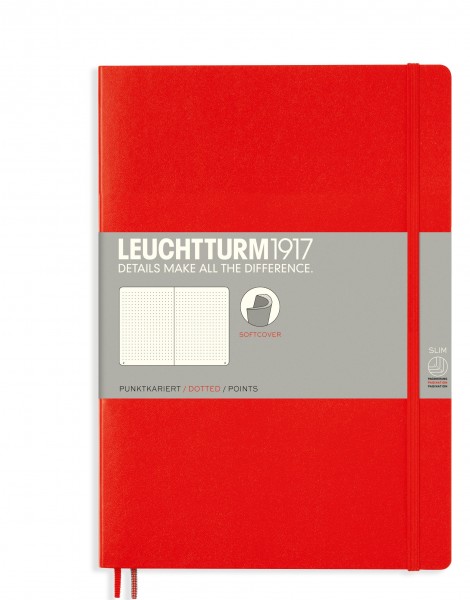 Notizbuch Paperback (B6+), Softcover, 123 nummerierte Seiten, Rot, Dotted