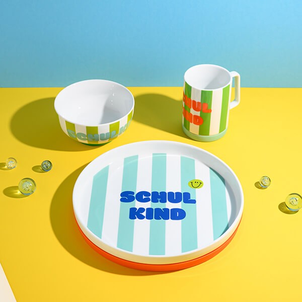 Porzellan-Set Schulkind Streifen, türkis und grün mit großem Teller (23cm), Becher und Müslischale