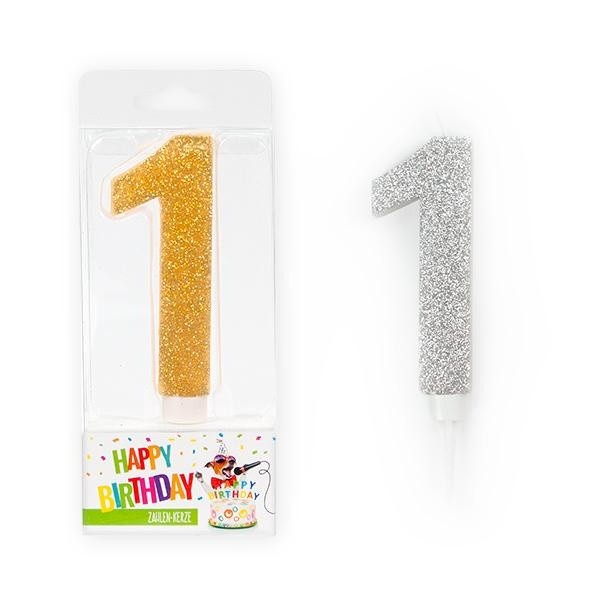 BIRTHDAY FUN Zahlenkerze 1 Glitter Maxi silber & gold