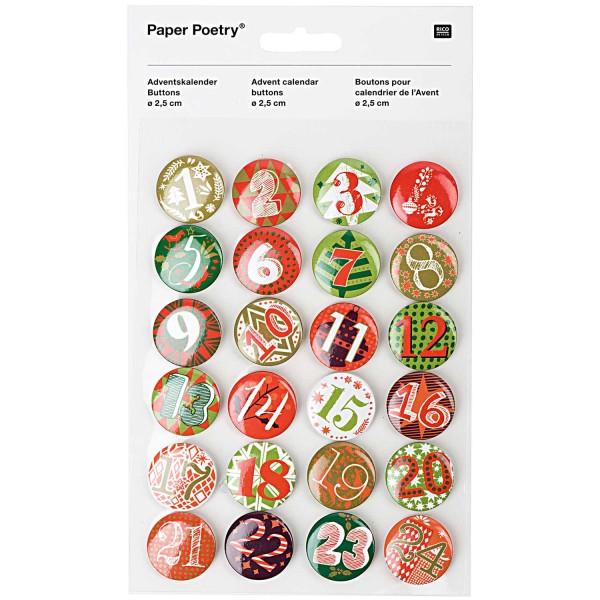 Adventskalender Zahlen Buttons grün-rot 2,5cm 24 Stück Paper Poetry