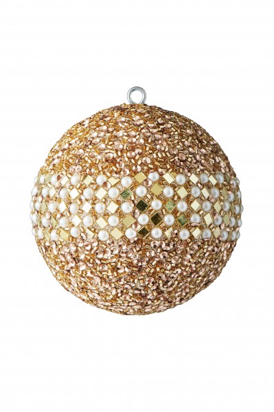 Opium, Weihnachtskugel, 10cm, kleine Spiegelrauten, Perlen, Pailletten, gold/weiß